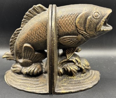 Vintage MCF Solid Cast Iron Jumping Bass Fish Nautical Bookends