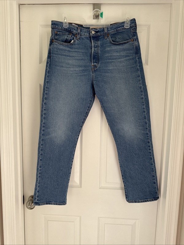 LEVI'S Blue Denim Wedgie Straight Button-Fly HIGH-RISE 5-Pocket Jeans Sz 32- EUC