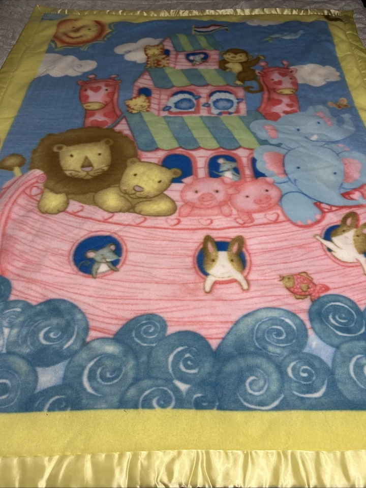 Manta de bebé con ribete de satén amarillo Arca de Noé para animales de guardería 58x46 lados dobles Foto 2 de 4