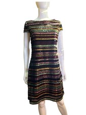 Vince Camuto Multicolor Striped Sequin Dress Sz 6 Short Sleeve Holiday Party EUC