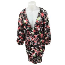 Boohoo Black Red Sequin Long Puff Sleeve Deep V-Neck Midi Sheath Dress Size 14