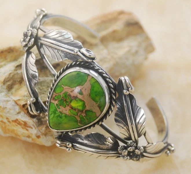 Brazalete brazalete de plata hecho a mano con piedras preciosas de jaspe sedimento de mar verde joyería C145 Foto 2 de 4