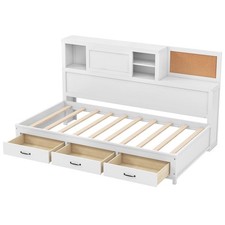 Wooden Daybed Frame Double Guest Bed with 3 Drawers Sliding Cabinet Cork White