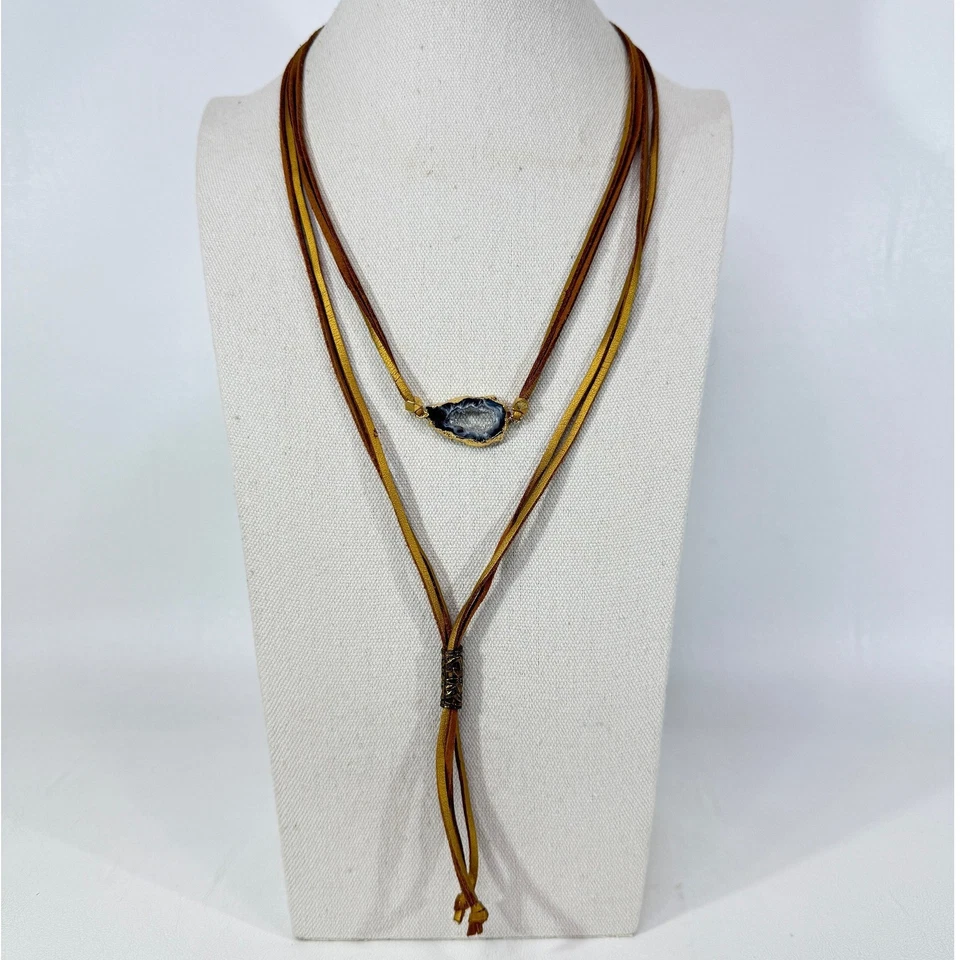 Druzy Agate Boho Layered Necklace Gold Tone Long Adjustable Statement - Image 2 of 4