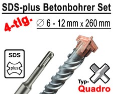 4 tlg. SDS-Plus Quadro Bohrer Ø 6,8,10,12mm x 260mm Lange Hammerbohrer Satz TP
