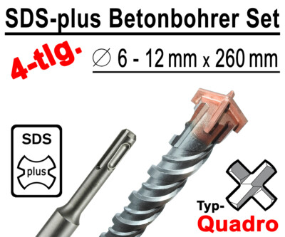 4 tlg. SDS-Plus Quadro Bohrer Ø 6,8,10,12mm x 260mm Lange Hammerbohrer Satz TP