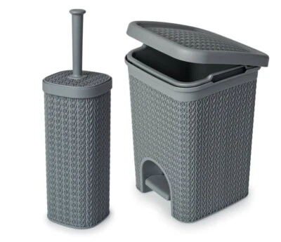BLUE CANYON 5L Pedal Bin & Toilet Brush Holder Set Grey Lace Effect Bin & Toilet Brush Set