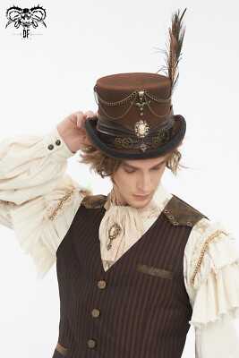 Devil Fashion Men Brown Steampunk Rolled Brim Top Hat Feather