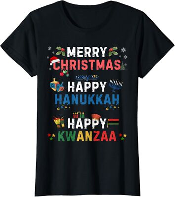 Merry Christmas Happy Hanukkah Happy Kwanzaa Ladies' Crewneck T-Shirt