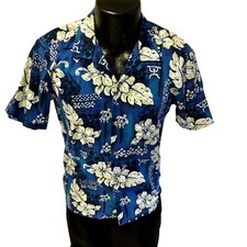 Vtg 80's Hawaii Blue FLORAL Savages Islands TURTLES Hawaiian ALOHA Shirt S