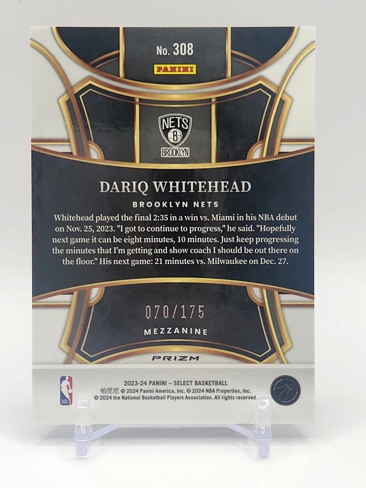 Dariq Whitehead Rookie SP RC 2023-24 Panini Select Purple Flash 70/175 #308 Nets - Image 2 of 2