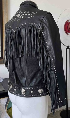 MOTORCYCLE BIKER JACKET CONCHO / STUDS / TASSELS / VINTAGE UNIK WOMAN SZ LG - Picture 4 of 6