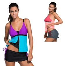 Women Flyaway Layered Deep V Neckline Tankini Color Block Tank 2PC Swimsuit Set