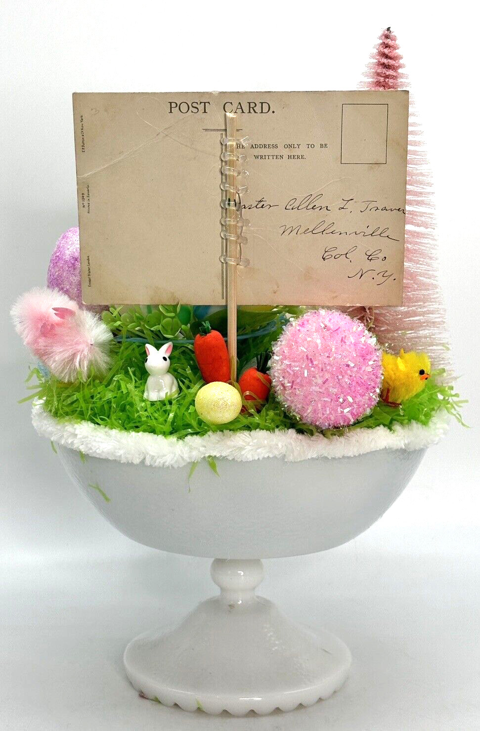 Vintage Easter Assemblage Display Milk Glass Dish Lefton  Rabbit