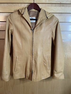 Vera Pelle Women’s Tan Leather Jacket Size S Full Zip Hooded Made In Italy 