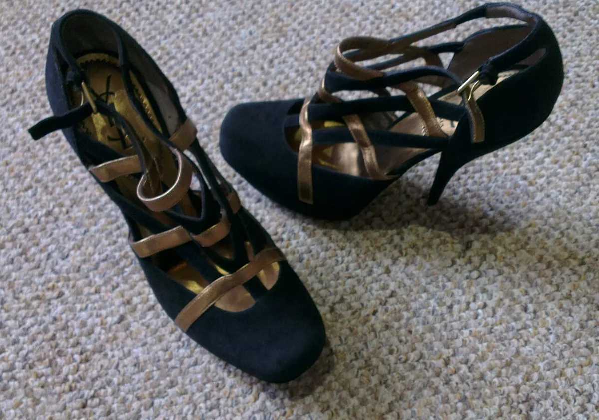 745 YSL Yves Saint Laurent punta quadrata tacchi decorativi neri pelle scamosci