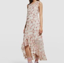  608 Anna Sui Women Beige Floral Rose Tulle Sleeveless High-Low Dress Sz 8