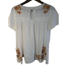 Ann Taylor Loft white cotton top with orange floral embroidery sz XS