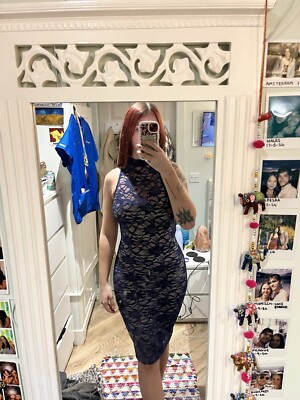 Lipsy Navy Lace Sequin Halter neck Midi Dress SIZE 10 UK