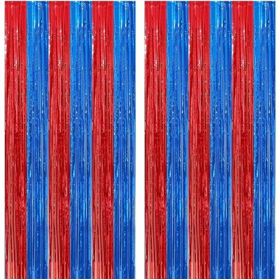 4 PCS Red Blue Foil Fringe Curtains Tinsel Streamer Backdrop 3.3x6.6 Ft Party
