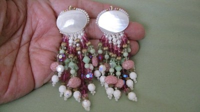 Vintage ARTISAN Made Crystal Bead Morher of Pear Long Dangle Post Earrings