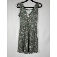 HUHOT Olive Green Leaf Print Sleeveless Midi Dress Pockets Women's Size Medium