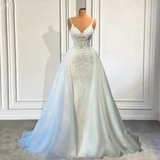V-neck Mermaid Lace Wedding Dress Sleeveless Dream Detachable Train Bride Gown