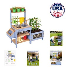 Outdoor Mud Kitchen for Kids Wood with Planting Box Critter Catcher Tank Sink
