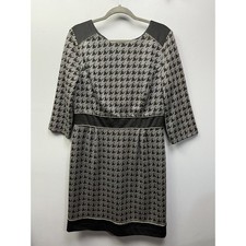 Vintage Leslie Fay Dress Womens 14 Black Gray houndstooth Sheath Career Office