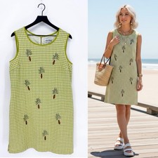 Vintage Ultra Dress Size 14 Green Gingham Embroidered Palm Tree Shift Dress