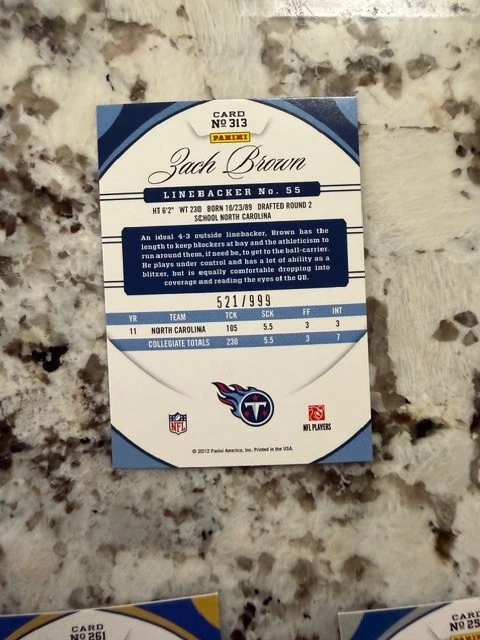 2012 CERITIFIED NEW GENERATION RC CARD 521/999 TITANS ZACH BROWN #313 - Image 2 of 2