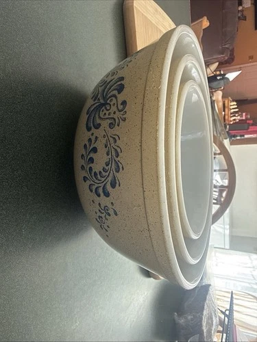3 Vtg Pyrex Homestead Blue Speckled Nesting Mixing Bowls Set 401 402 403