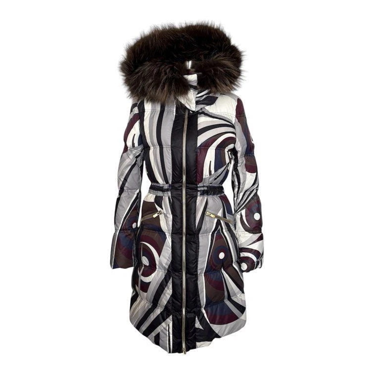 Abrigo largo de plumón Emilio Pucci capucha ribete de piel cintura estampado integral 40 Foto 3 de 4