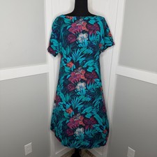 Loft Tropical Dress Women Small Teal Blue Floral Linen Blend Pocketed Shift
