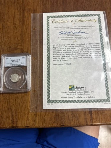1916-S MERCURY DIME - PCGS MS-65 With COA