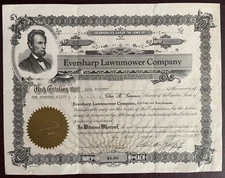 1930 EVERSHARP LAWNMOWER CO Stock Certificate - UNCANCELLED NEVADA   Abe LINCOLN