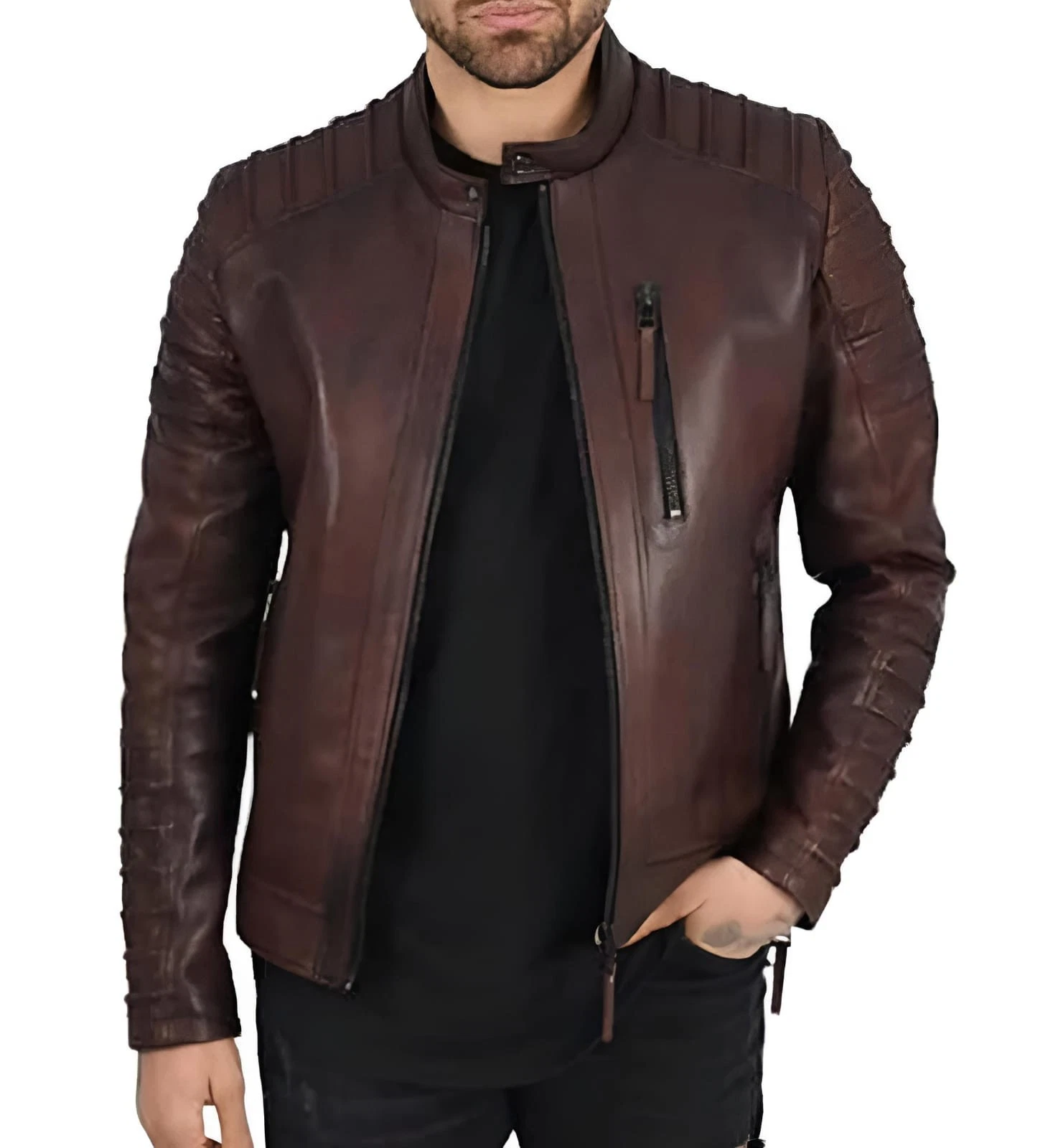 Mens Brown Real Lambskin Leather Biker Jacket Quilted Cafe Racer Moto Style Coat