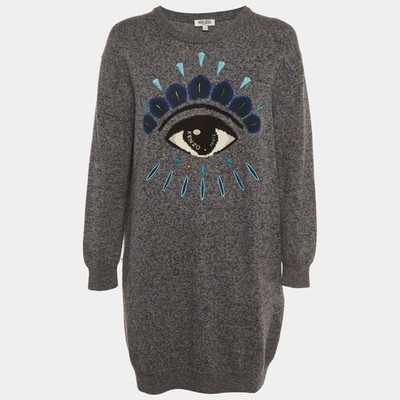 Kenzo Blue Logo Eye Intarsia Wool Knit Mini Sweater Dress L