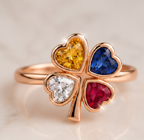 4ct Heart Cut Simulated Gemstones Clover Cocktail Silver Ring Rose Gold Finish