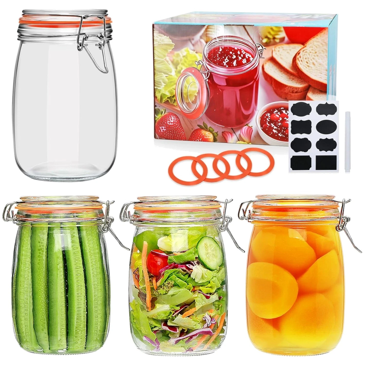 Transparent Glass Food Storage Containers - 32oz, 4 Pack