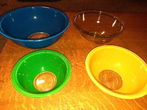 Set of 4 Pyrex Clear Bottom Mixing Bowls, Green, Yellow, Clear & Blue