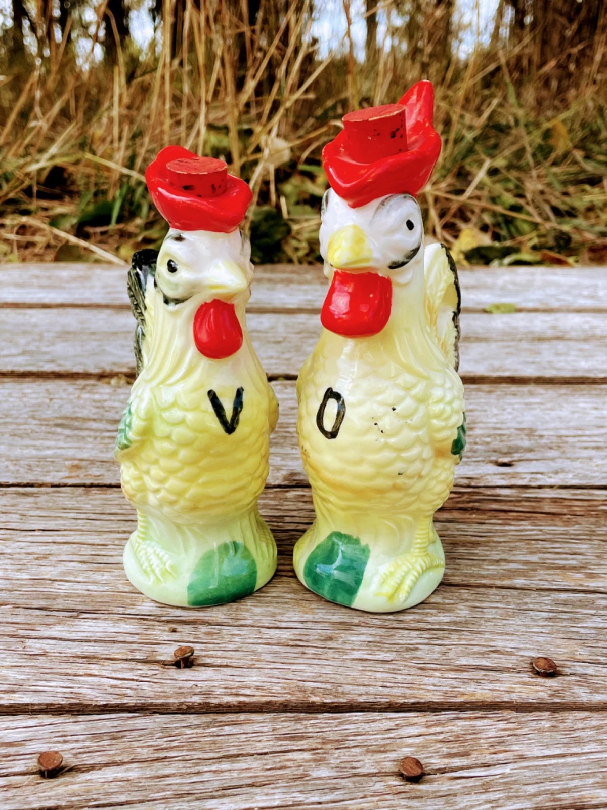 Vintage Oil and Vinegar Bottles Chicken Rooster Farmhouse Primitive