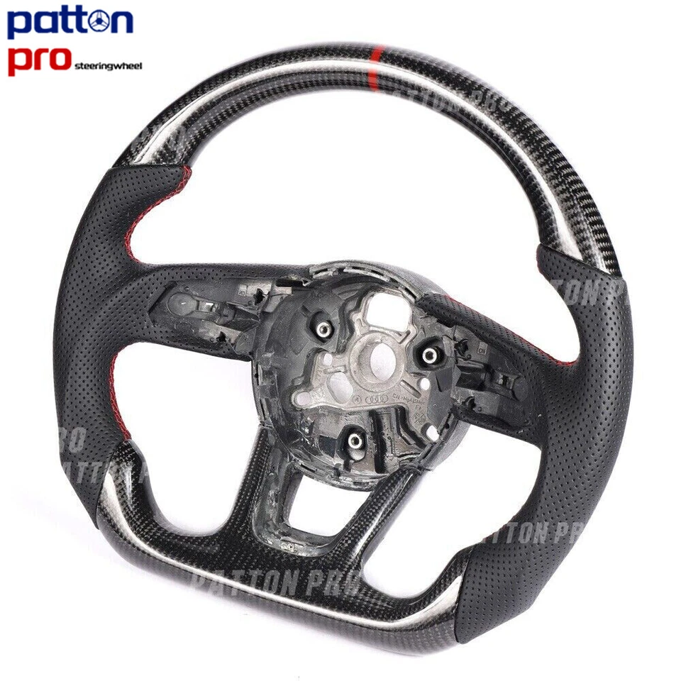 Volante deportivo plano de fibra de carbono costura de anillo rojo para Audi A3 A4 A5 B9 Foto 3 de 4