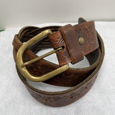 Leather Western Belt Braiding Tooling Detail Brass Buckle Flowers 40 Inches