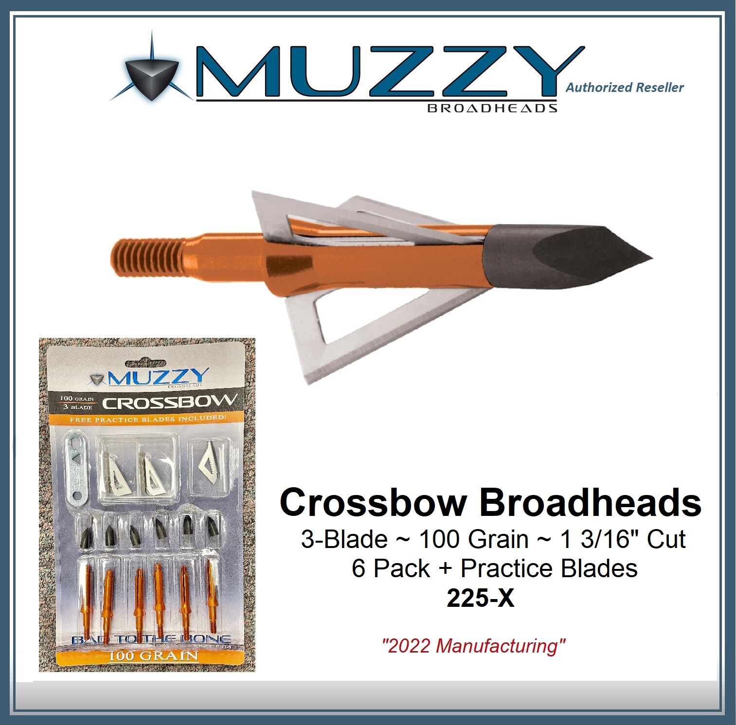 MUZZY 3Blade Crossbow Broadheads 100 Gr 1 3/16" Cut 6 Pk 225X "2022