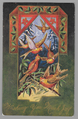 Wishing You Much Joy Vintage Birds Greetings Embossed Postcard  Unused