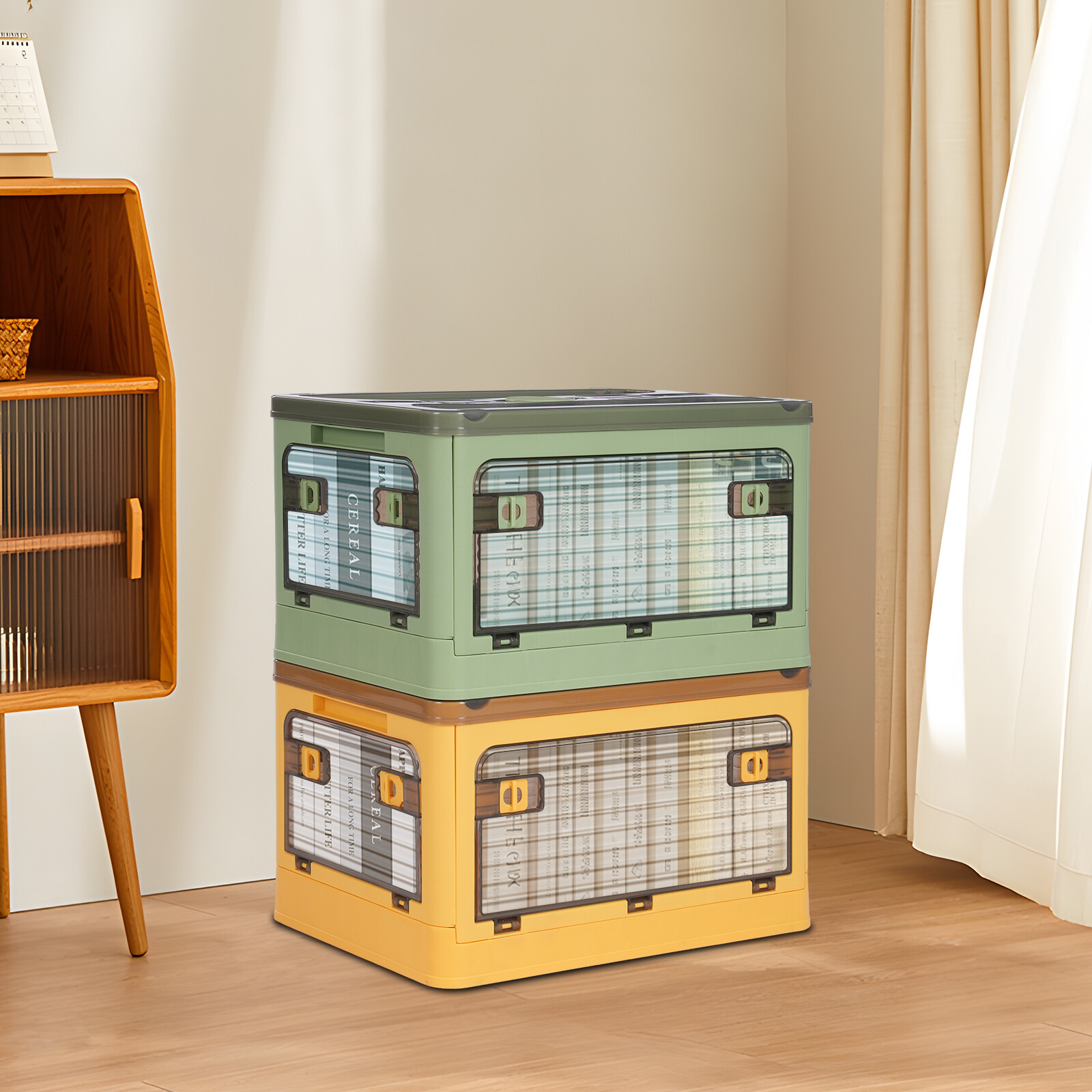 Foldable Stackable Plastic Storage Bin in Yellow and Green  