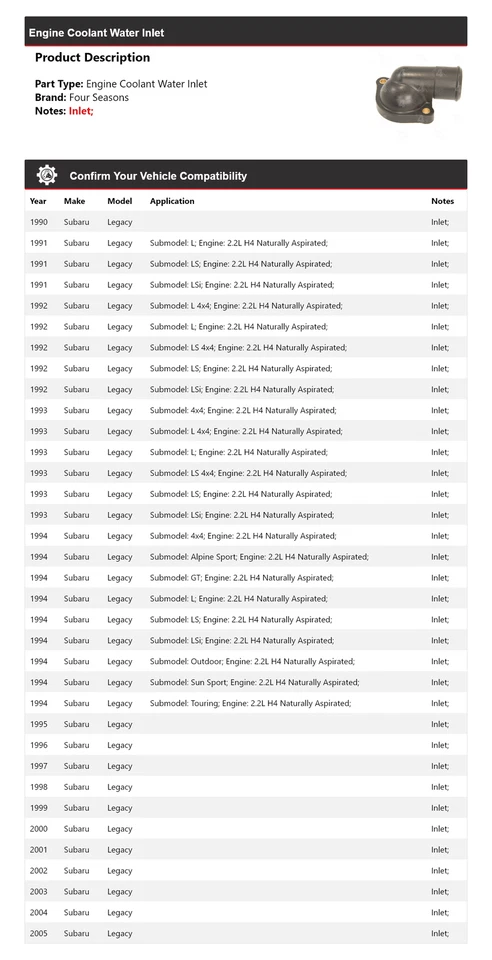 Entrada de agua refrigerante motor Subaru Legacy 1990-2005 4 estaciones 1991 1992 1993 Foto 2 de 4