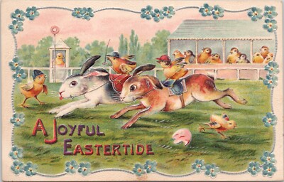 Embossed Easter Postcard  Humanised Chick Jockeys Ride Rabbits at Racetrack