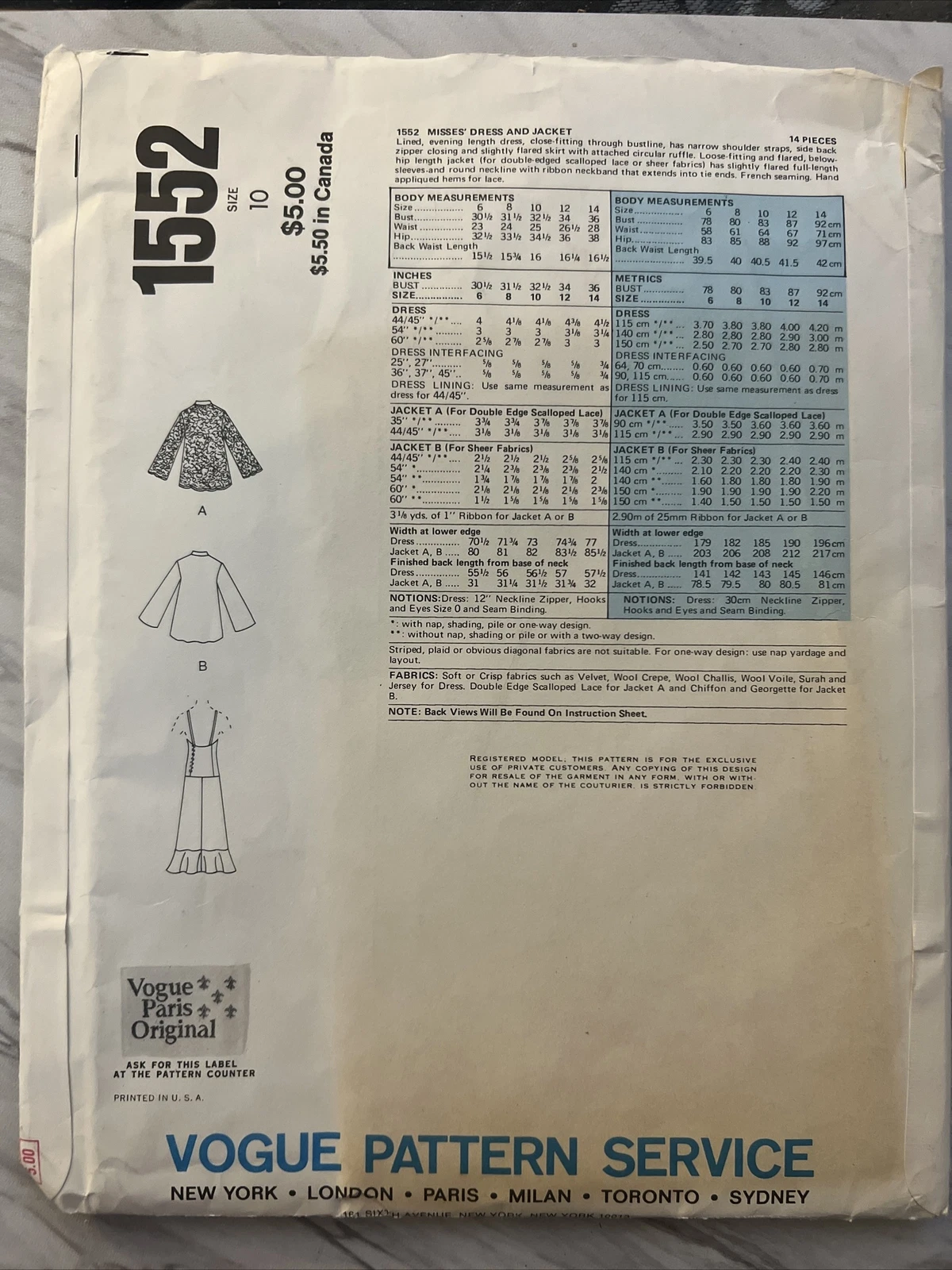 SAINT LAURENT (YSL) Abito e giacca Vogue Paris originale Yves Saint Laurent 1552 modello taglia 10